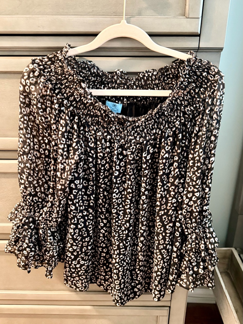 CeCe Smocked Off-Shoulder Black Leopard Print Women's Top Medium